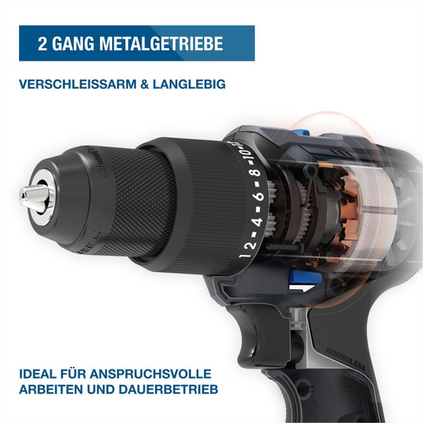 Akkuschrauber mit zwei Gang Metallgetriebe für hohe Langlebigkeit und verschleissarmes Arbeiten bei anspruchsvollen Aufgaben.