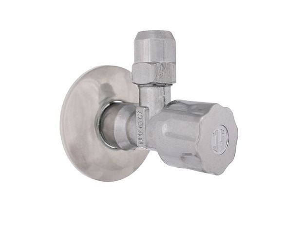 Verchromtes Eckregulierventil aus Metall mit Schubrosette und Handgriff für Sanitäranschlüsse.