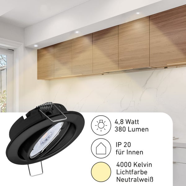 Dijon Deckenspots schwenkbar 4000K 380lm 3er Set 230V LED Modul für Wohnbereich neutralweiß Licht Schwarz 68mm Lochmaß Innenbeleuchtung