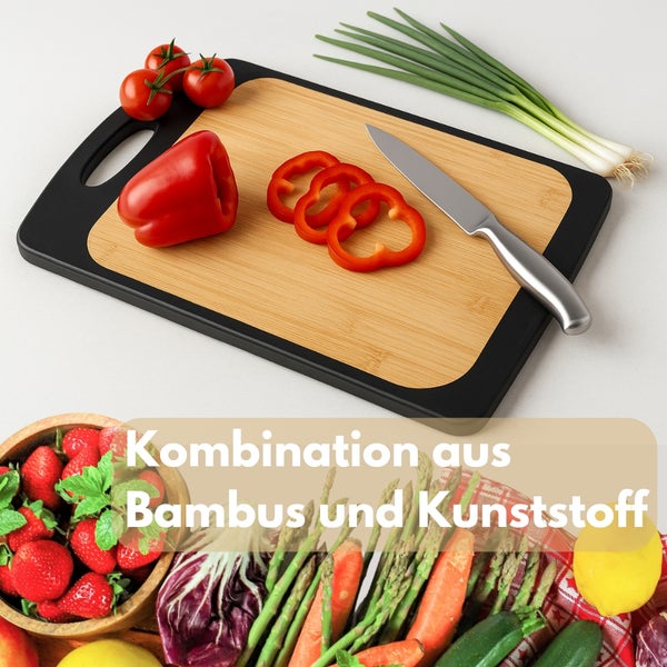Bambus Schneidebrett mit Gemuese und Messer