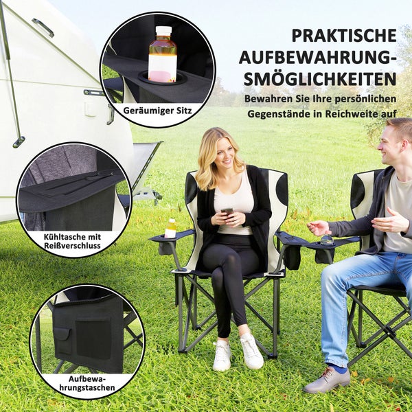 Outsunny 2er Set Faltstuhl faltbar Campingstuhl mit Armlehnen Getränkehalter Kopfstütze Kühltasche Outdoor Klappstuhl bis 120kg belast gepolstert Angelstuhl Gartenstuhl für Garten Camping