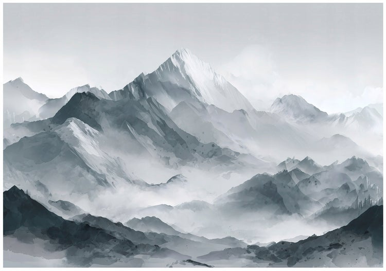 Atmosphärische Gebirgslandschaft mit nebeligen Tälern und schneebedeckten Berggipfeln im Aquarellstil.