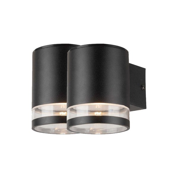 Zwei schwarze Wandleuchten mit zylindrischem Design und transparenten Elementen