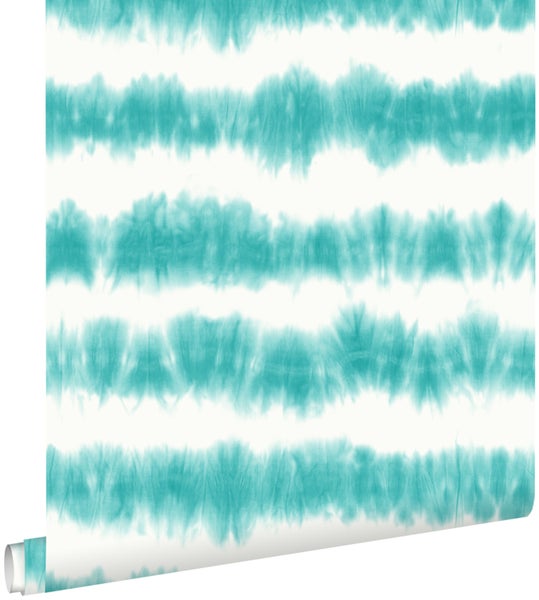 ESTAhome Tapete horizontale Tie-Dye Shibori Streifen Türkis und Weiß - 53 cm x 10.05 m - 148687