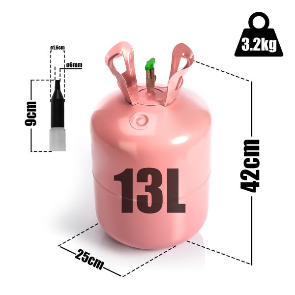 Ballongas Helium Einwegflasche mit einem Volumen von 13 Litern und einem Gewicht von 3,2 Kilogramm inklusive Fülldüse