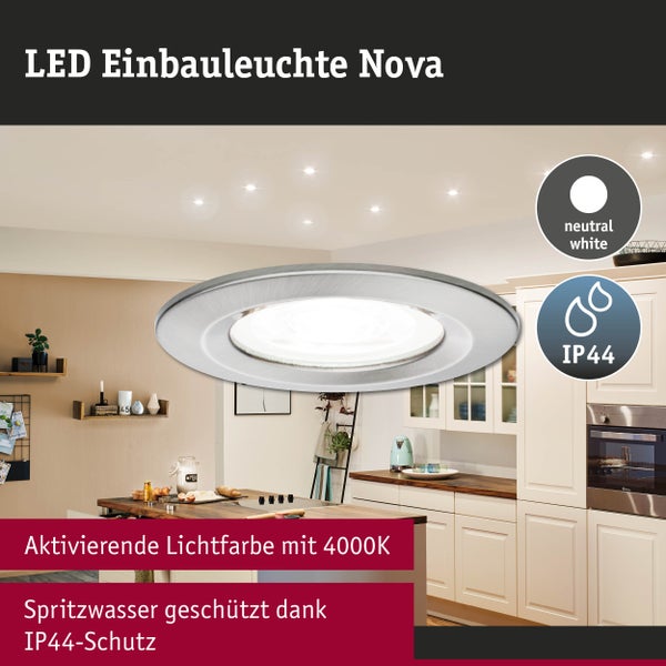 LED Einbauleuchte Nova in einer Küche, neutralweißes Licht mit 4000 Kelvin, spritzwassergeschützt nach IP44 Schutzart.