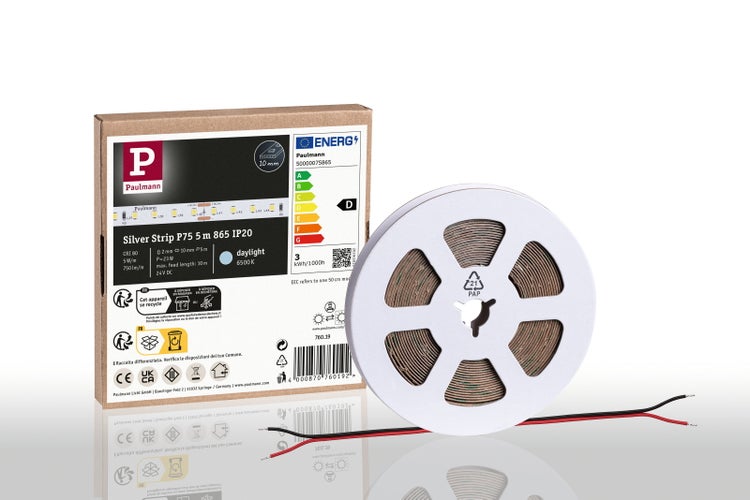 Paulmann LED-Streifen Silver Strip P75, Länge 5 Meter, Tageslichtweiß 6500 Kelvin, IP20, inklusive Verpackung und Spule.