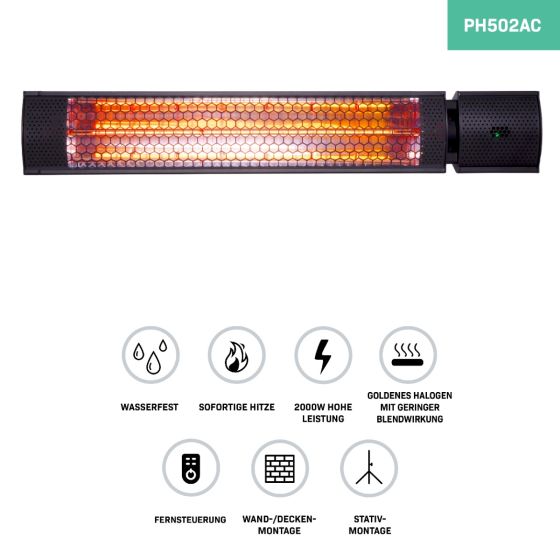 Infrarotheizstrahler 2000 Watt mit Fernbedienung, wasserfest, blendarmes Licht, geeignet für Wand-, Decken- oder Stativmontage.