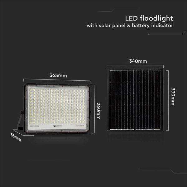 LED-Strahler mit Solarpanel und Batterieanzeige mit den Maßen 365 x 260 x 55 mm und Solarpanel mit den Maßen 340 x 390 mm