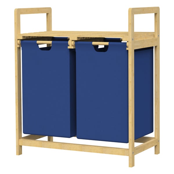 ML-Design Wäschekorb aus Bambus, Dunkelblau, Wäschebox mit 2 Fächern, Wäschesammler mit 2 ausziehbaren Wäschesäcken 60 L, Wäschetruhe mit Ablage, Wäschesortierer für Badezimmer, Wäschetonne mit Regal