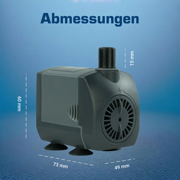 Wasserpumpe mit Maßangaben: Länge 73 Millimeter, Breite 49 Millimeter, Gesamthöhe 60 Millimeter, Auslass 15 Millimeter.