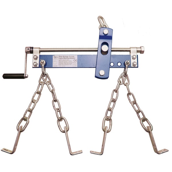 Motor-Montage-Traverse mit Handkurbel, Tragkraft 350 Kilogramm, vier Ketten mit Haken, aus blauem Stahl für die Motorinstandsetzung.