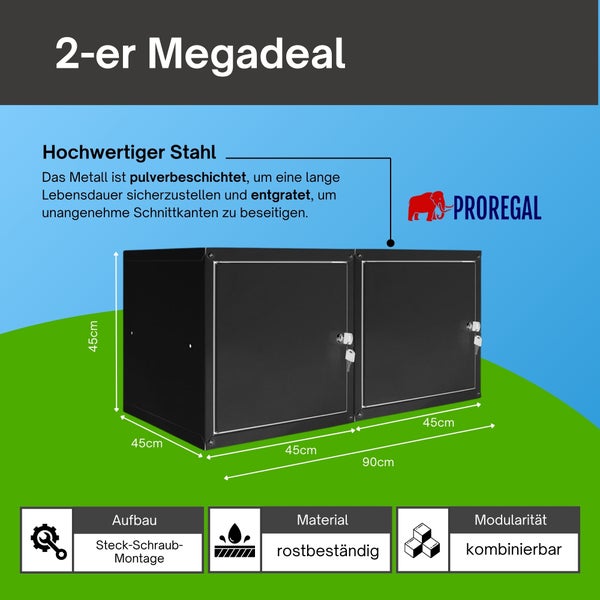 Proregal Wandschrank Set 2-teilig aus pulverbeschichtetem Stahl, abschließbar, modular, 90 mal 45 mal 45 Zentimeter, rostbeständig, einfache Montage.