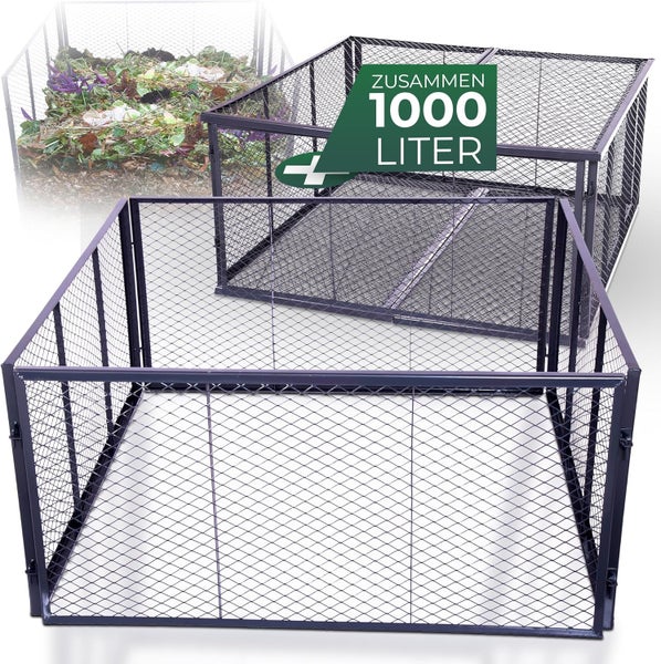 Zwei Drahtkomposter aus Metall mit einem Gesamtvolumen von 1000 Litern für Gartenabfälle.