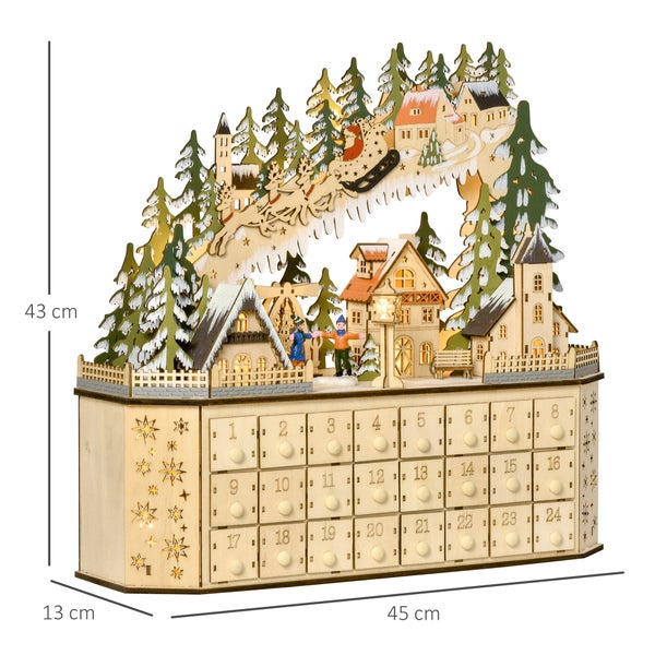 Adventskalender aus Holz mit 24 Schubladen und dekorativer Winterszene, Maße 45 mal 43 mal 13 Zentimeter.