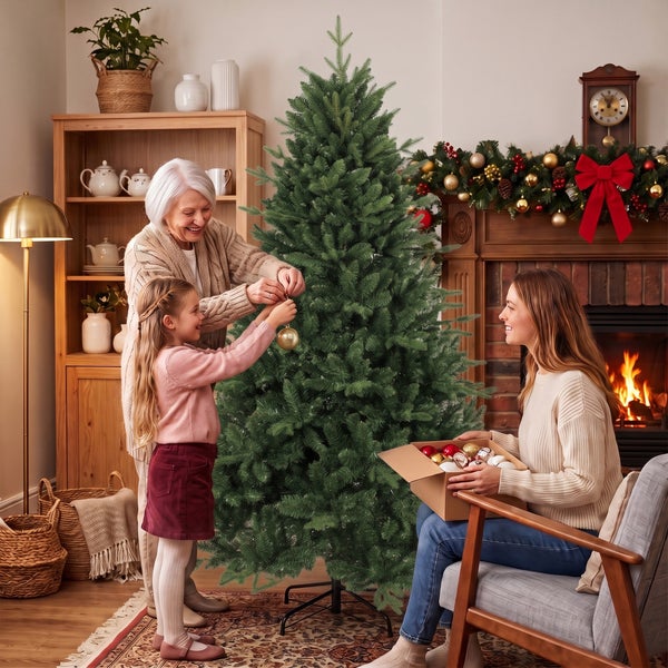 Eine junge Frau betrachtet einen künstlichen Weihnachtsbaum mit einer Höhe von 180 Zentimetern und einem Durchmesser von 122 Zentimetern.