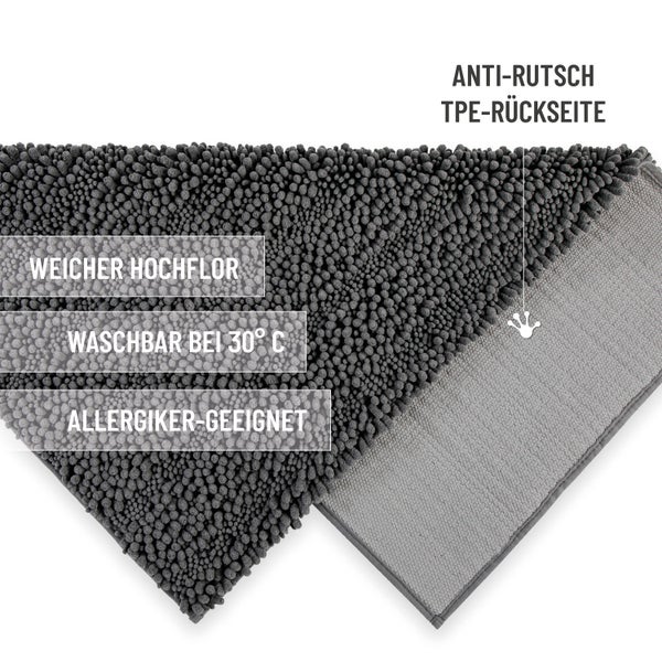 Badematte mit weichem Hochflor, waschbar bei 30 Grad Celsius, für Allergiker geeignet und mit rutschhemmender TPE-Rückseite.