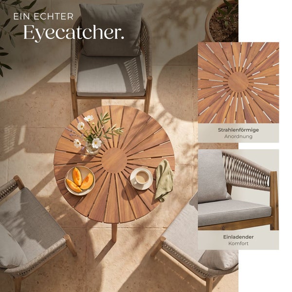 Modernes Gartenmöbel-Set aus Holz mit rundem Tisch im Strahlen-Design und Stühlen mit grauer Seilbespannung.
