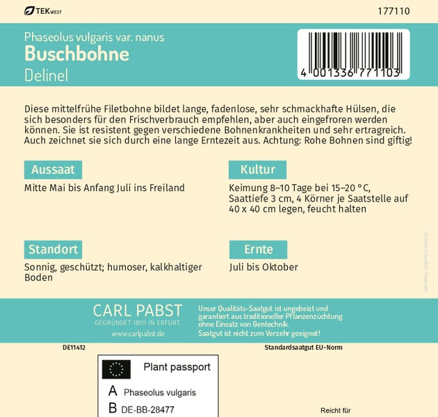 Rückseite einer Samentüte für Buschbohnen Delinel mit Hinweisen zu Aussaat, Kultur, Standort und Ernte von Carl Pabst.