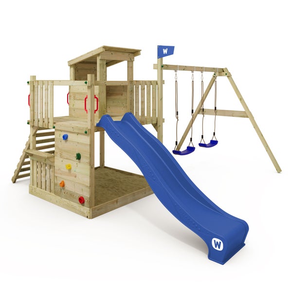 WICKEY Spielturm Klettergerüst Smart Cabin mit Schaukel und Rutsche, Stelzenhaus mit Sandkasten, Kletterwand und Spiel-Zubehör - blau