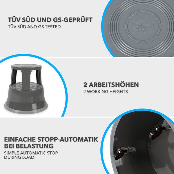 FLOORDIREKT Rollhocker - Elefantenfuß - aus Stahl - Mobiler Tritthocker - Sitzmöglichkeit für Büro und Gewerbe - Grau