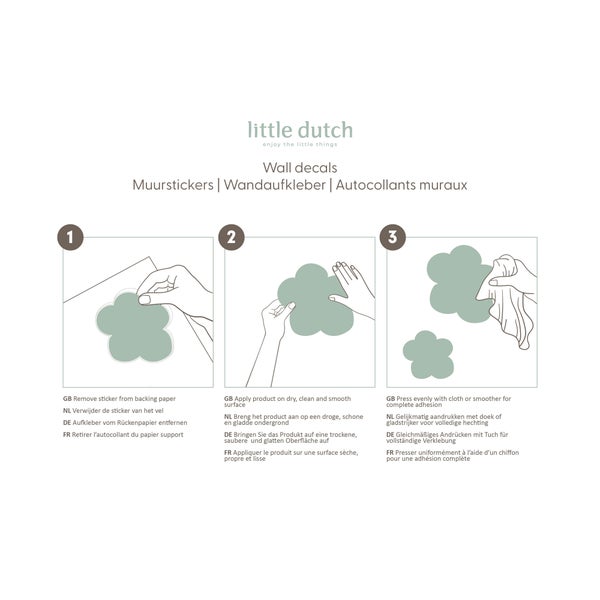 Anleitung zur Anbringung von Little Dutch Wandaufklebern in drei Schritten inklusive Darstellung der Anwendung auf einer Wand.