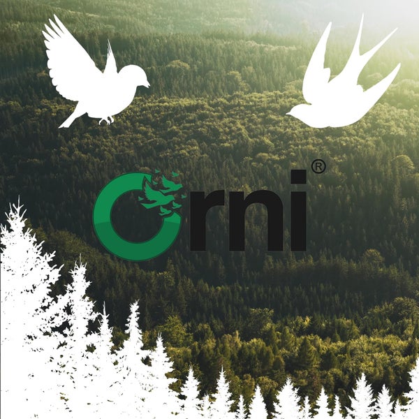 Orni Logo vor einem Wald mit Vogelillustrationen