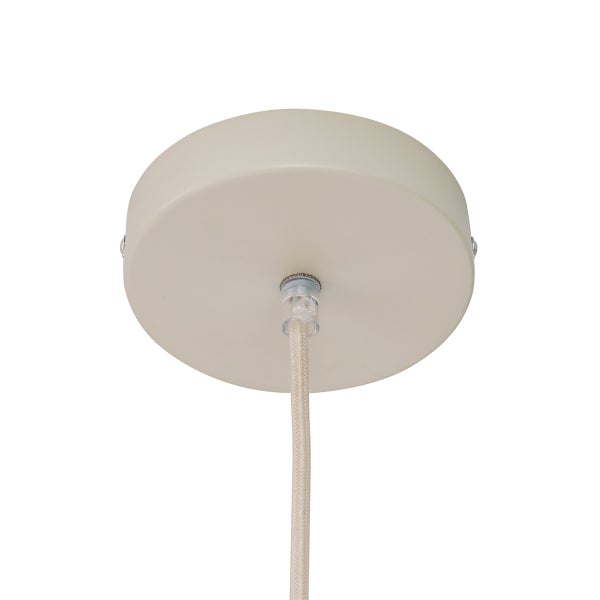 Beigefarbener Baldachin für Pendelleuchte aus Metall mit Textilkabel.