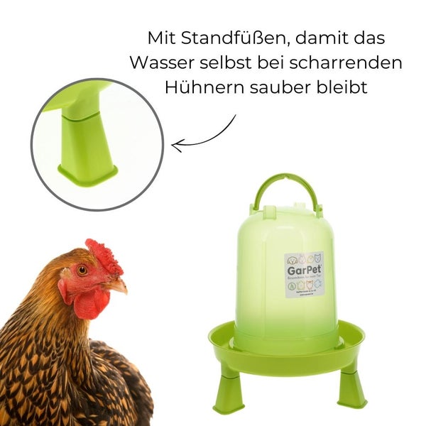 Geflügeltränke mit Standfüßen Hühnertränke Stand Füßen Wassertränke automatisch Stülptränke Hühner Tränke grün 1,5 L