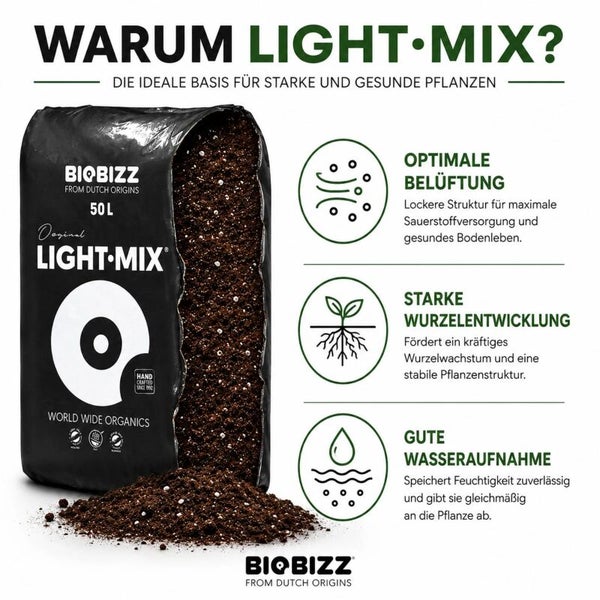 Biobizz Light-Mix Blumenerde im 50 Liter Beutel. Vorteile: Optimale Belüftung, starke Wurzelentwicklung und gute Wasseraufnahme.