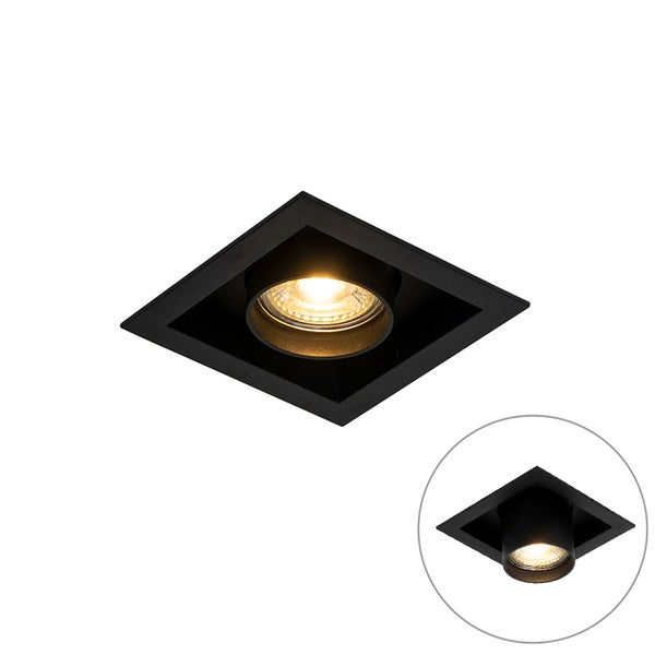 Quadratischer LED-Einbaustrahler in Schwarz mit warmweißem Licht, Ansicht von unten und Detailansicht.