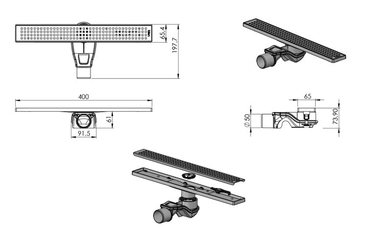 Technische Zeichnung einer Duschrinne mit Maßen