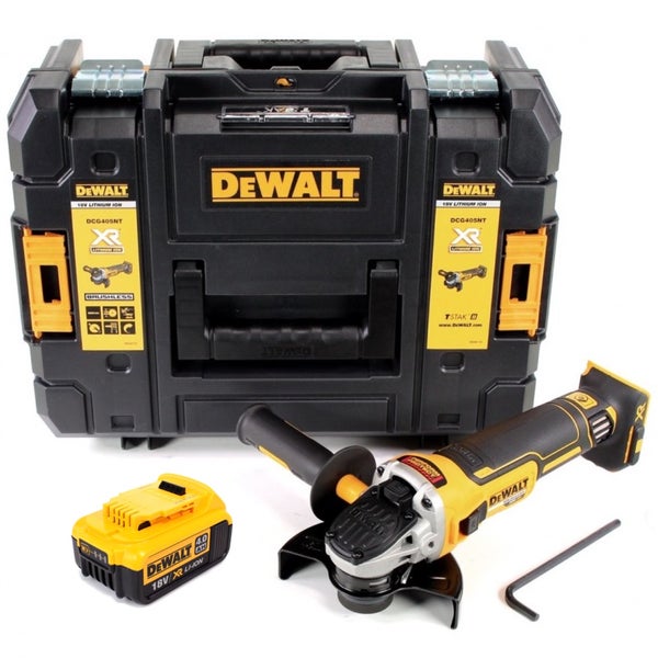 DeWALT Akku-Winkelschleifer-Set mit Akku, Winkelschleifer, Zusatzhandgriff, Schlüssel und TSTAK-Werkzeugkoffer.