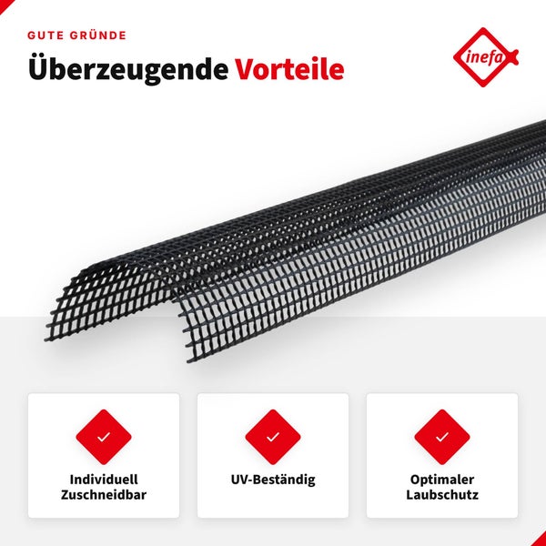 Inefa Laubschutzgitter für Dachrinnen, zuschneidbar und UV beständig, für optimalen Schutz vor Laub in der Regenrinne.