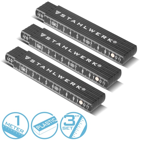Drei schwarze Gliedermaßstäbe aus Kunststoff, Länge 1 Meter, Stahlwerk Logo, 3er-Set.