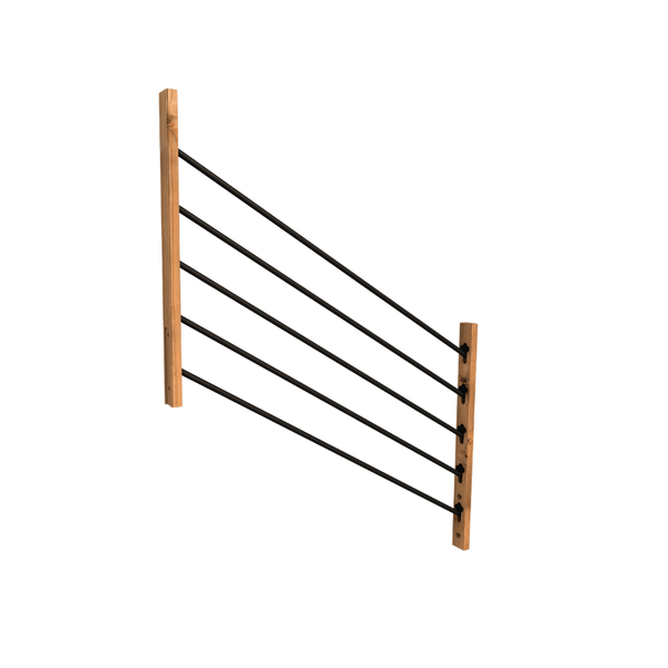 Treppengeländer-Element aus Holz mit fünf schwarzen Metallstäben.