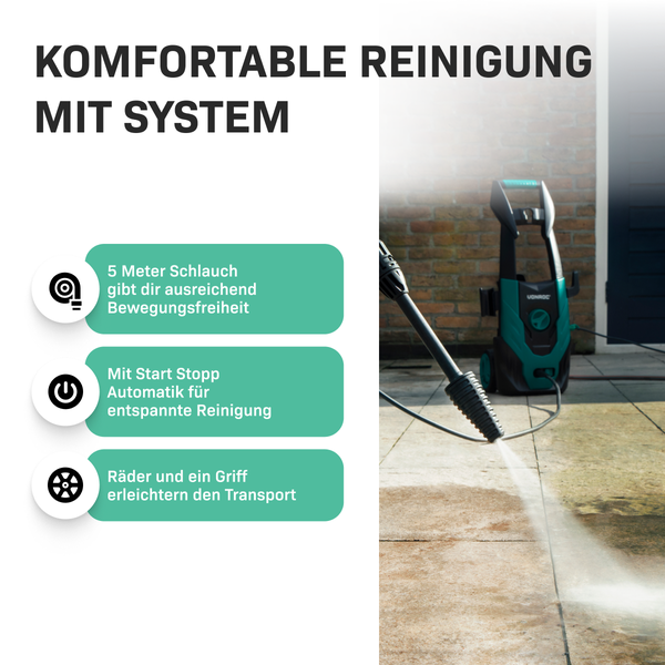 VONROC Hochdruckreiniger 110bar - Fassadenreiniger für einfache Reinigungsarbeiten [1400W] - Durchfluss [390 l/h], Reinigungstank, Aluminium Pumpe - inkl. Terassenreiniger
