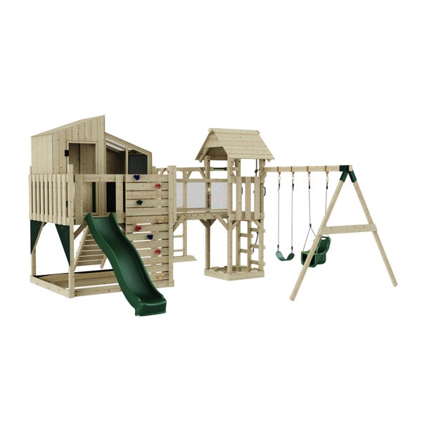 Spielplatz aus Holz mit Rutsche, Kletterwand und Schaukel