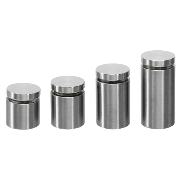 Set aus vier zylindrischen Schildhaltern aus Edelstahl zur Befestigung von Schildern oder Glasscheiben.