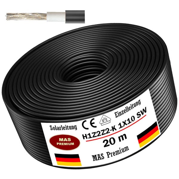MAS Premium Solarleitung H1Z2Z2-K 1x10, schwarz, 20 Meter Ring mit Detailansicht des Kabelaufbaus, VDE zertifiziert.