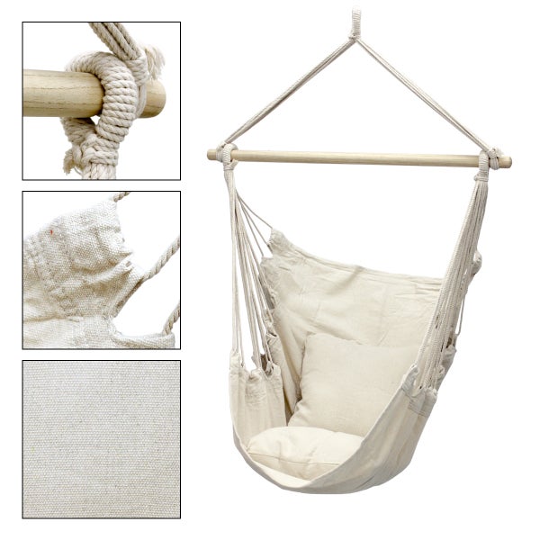 ECD Germany Hängesessel mit 2 Kissen - aus Baumwolle - Hartholz Querstab - Belastbar bis 120 kg - Beige - Indoor/Outdoor - Hängestuhl Hängesitz Hängeschaukel Hängematte Hängekorb Schaukelstuhl Sitz