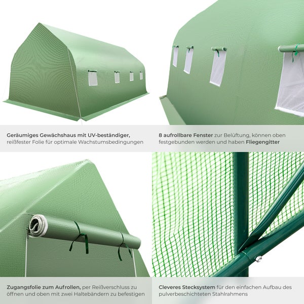 Folientunnel Gewächshaus mit UV-beständiger Folie, 8 Fenstern mit Fliegengitter, aufrollbarer Tür und pulverbeschichtetem Stahlrahmen Stecksystem.