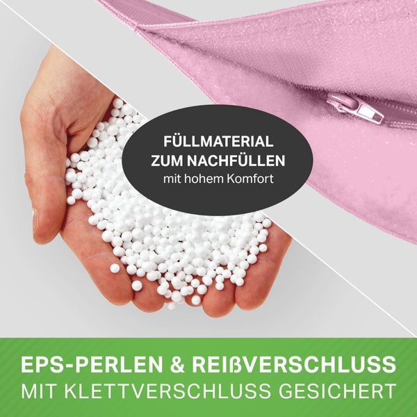 EPS Perlen als bequemes Nachfüllmaterial für Sitzsäcke inklusive Bezug mit Reißverschluss und Klettverschluss Sicherung.