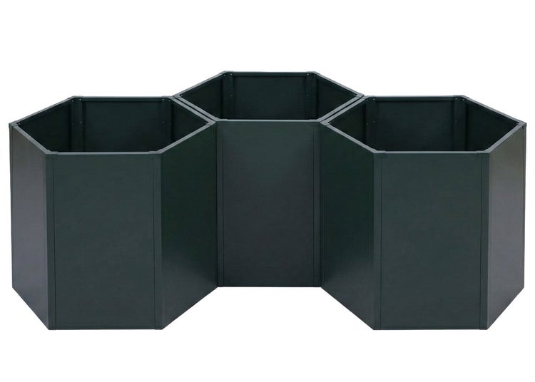 Dreiteiliges Hochbeet-Set aus Metall in hexagonaler Wabenform.
