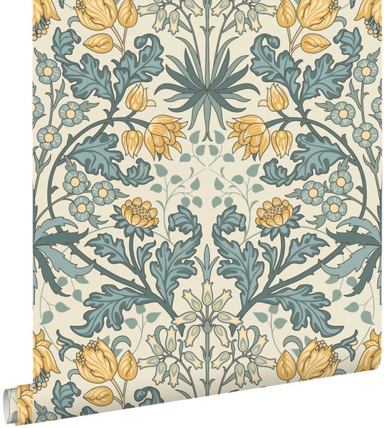 ESTAhome Tapete Blumenmuster im Jugendstil Blau und Gelb - 50 x 900 cm - 131181