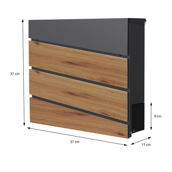 Moderner Wandbriefkasten in Anthrazit mit Holzoptik-Front, Breite 37, Höhe 37, Tiefe 11 Zentimeter, Zeitungsfach 9 Zentimeter.