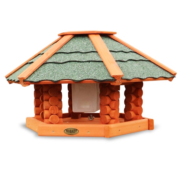 Vogelhaus im Blockhausstil mit Futtersilo