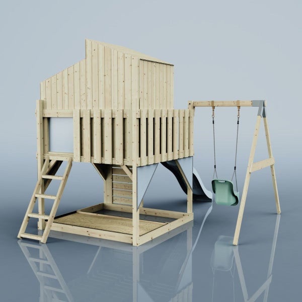 Spielturm mit Rutsche und Schaukel aus Holz