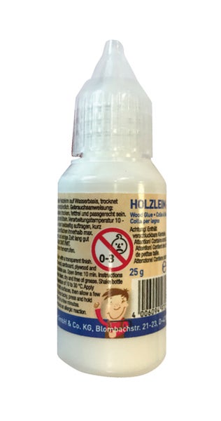 Eine kleine Flasche Holzleim mit 25 Gramm Inhalt und Kindersicherheitswarnung.