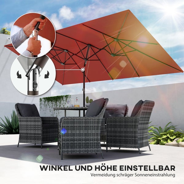 Roter rechteckiger Sonnenschirm über grauer Garten-Sitzgruppe auf einer Terrasse, Nahaufnahmen zeigen die Einstellbarkeit von Winkel und Höhe.